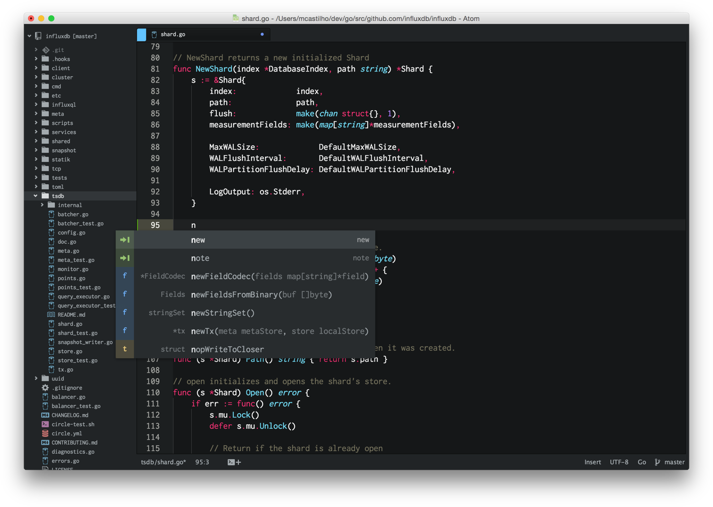 Screenshot of Atom Editor configured for Go development
