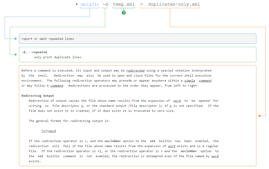 Screenshot of explanation of uniq command from explainshell.com