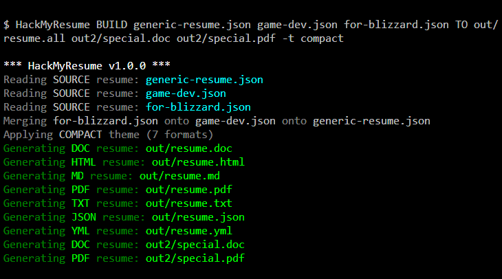 HackMyResume screenshot of command line generation