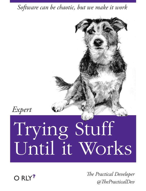 Spoof O'Reilly book cover entitled "Expert Trying Stuff Until it Works"
