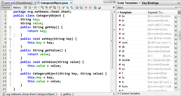 Screenshot of Netbeans Cheat Sheets plugin in action