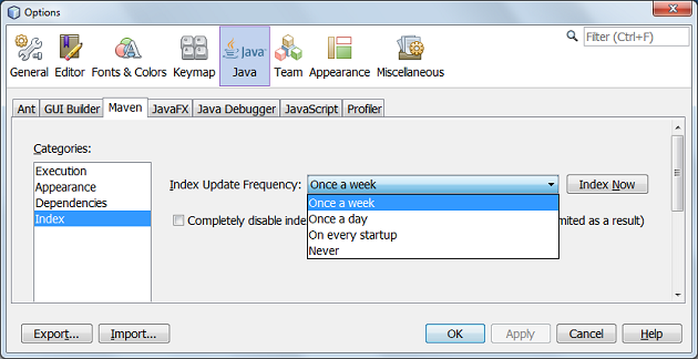 Screenshot of Maven configuration dialog window in NetBeans IDE